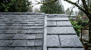 Side-by-side comparison of asphalt shingles and synthetic slate roofing materials on a damp Vancouver roof during light rain, highlighting moisture behavior differences.