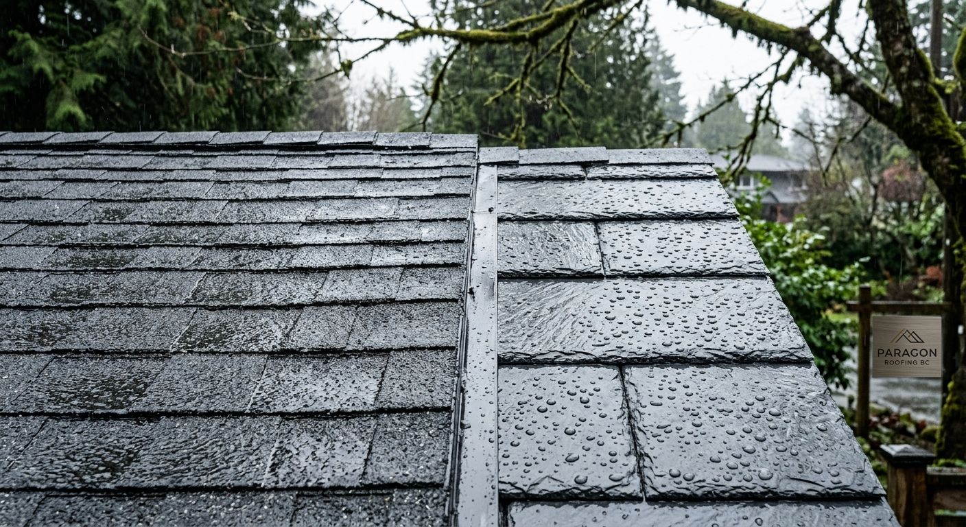 Side-by-side comparison of asphalt shingles and synthetic slate roofing materials on a damp Vancouver roof during light rain, highlighting moisture behavior differences.
