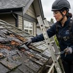 Roofing inspector examining rotted decking on a Vancouver home with dark soft wood and curling shingles in wet climate