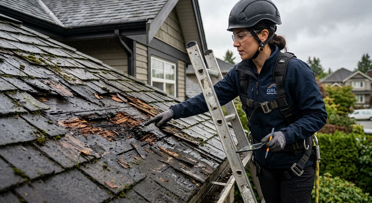 Roofing inspector examining rotted decking on a Vancouver home with dark soft wood and curling shingles in wet climate