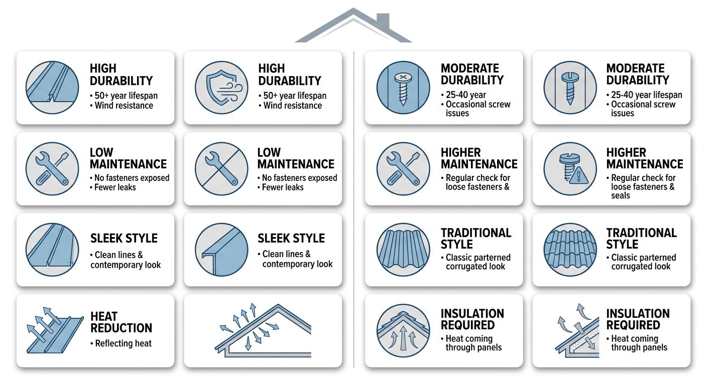 Comparison infographic showing standing seam and exposed fastener metal roofing options in Greater Vancouver, with four rows for durability, maintenance, appearance, and energy efficiency using icons and labels.