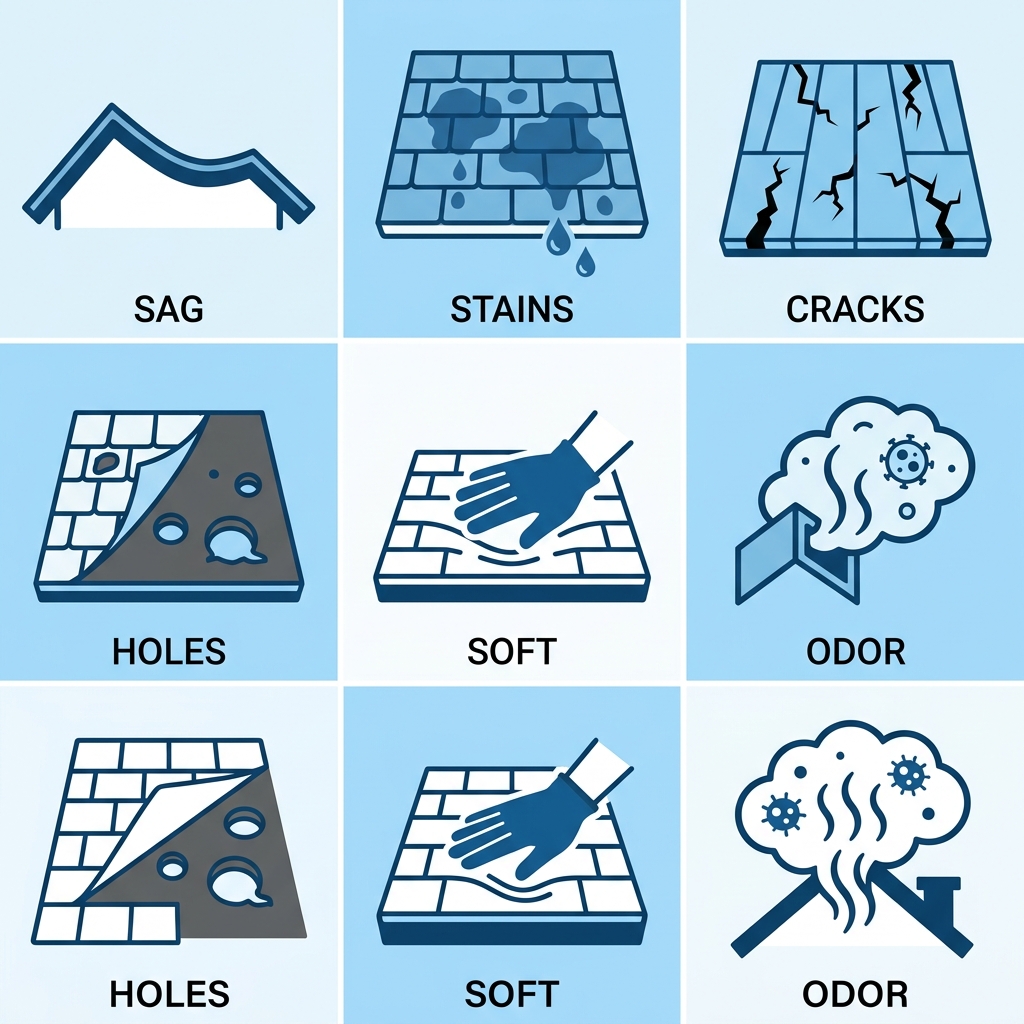 Set of six icons showing signs of rotted roof decking: water stains on ceiling, sagging roofline, curling shingles, mold growth, soft spots on roof, and visible rot at eaves