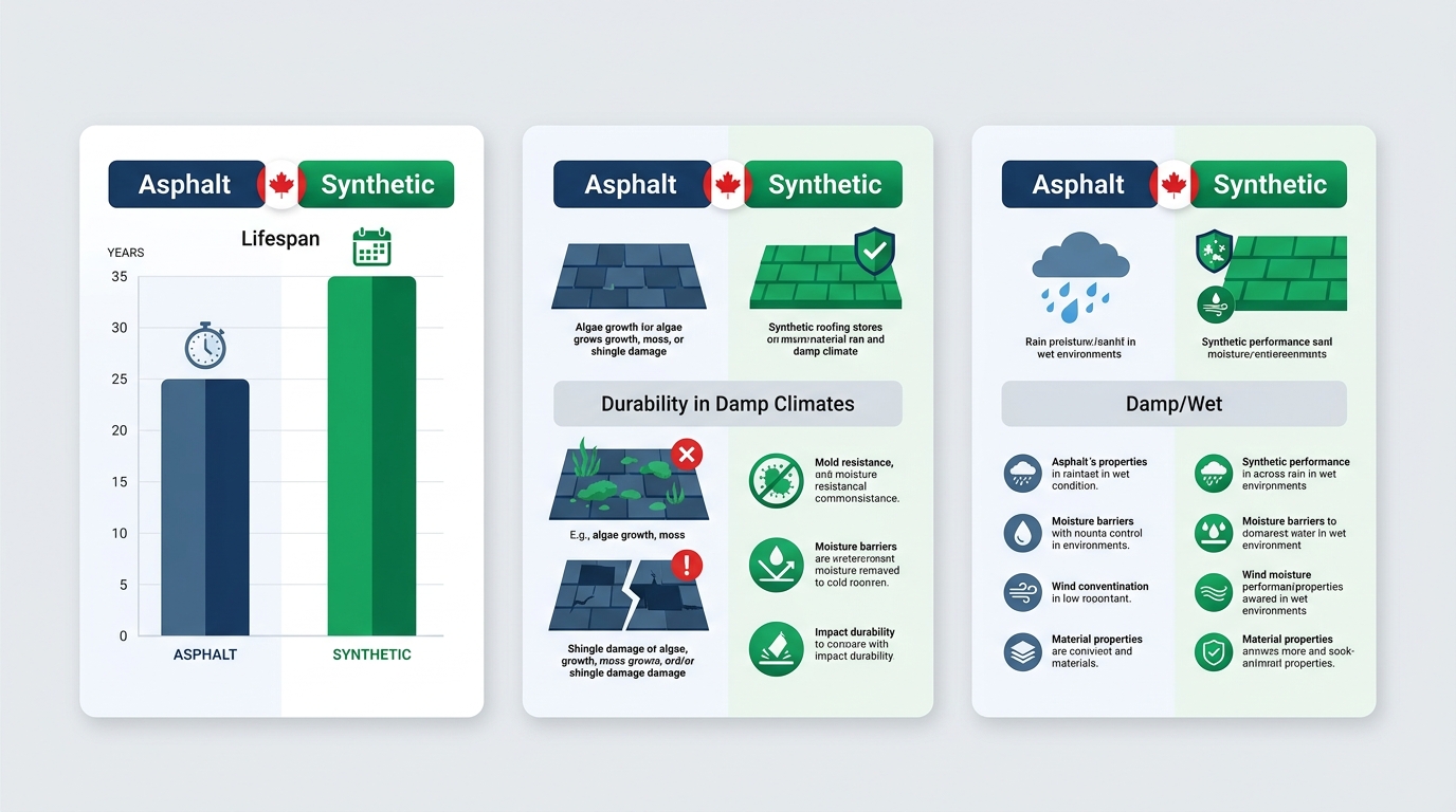 Two-column infographic comparing asphalt shingle and synthetic roofing by moss resistance, rain performance, and lifespan with blue and green color coding