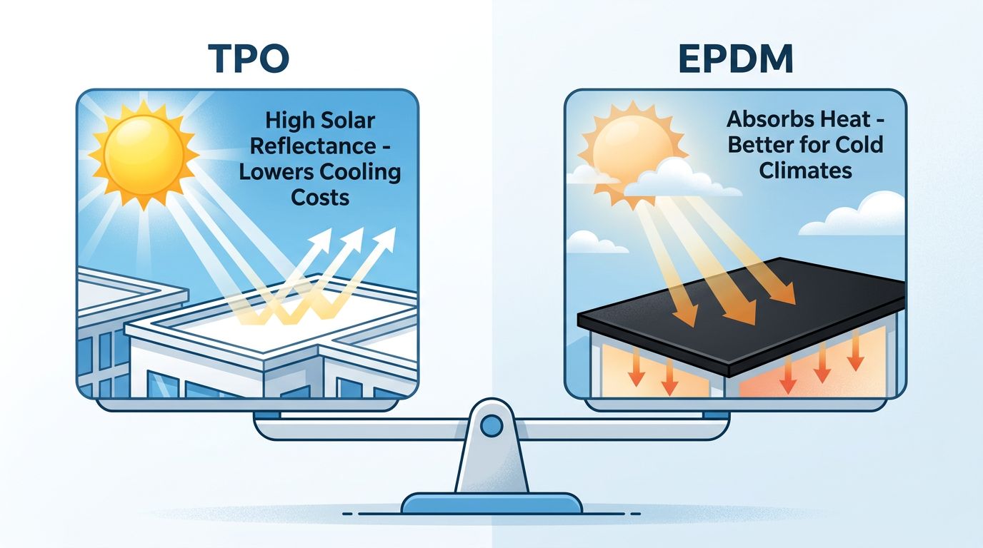 Infographic comparing TPO and EPDM flat roof membranes for energy efficiency and solar reflectance