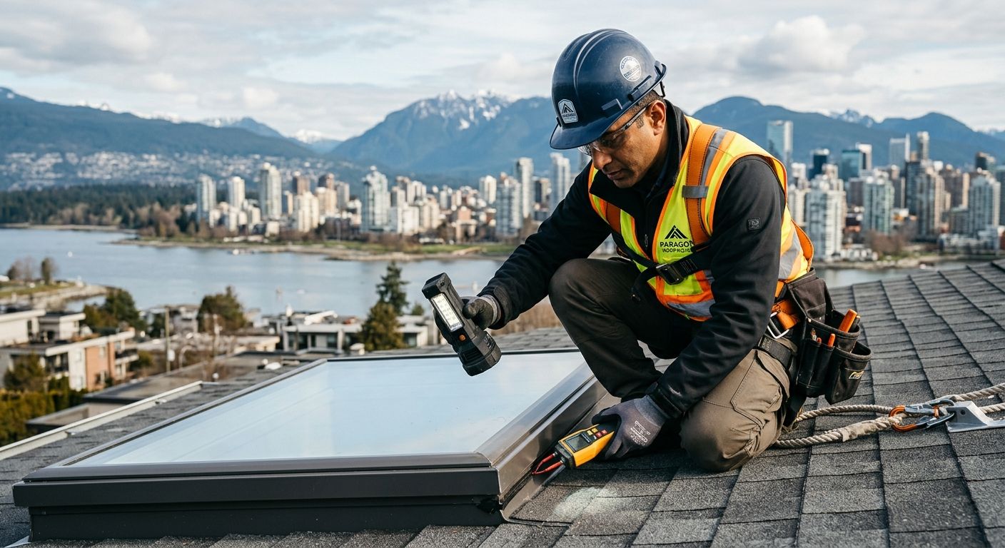 Professional photograph of a Paragon Roofing BC technician inspecting a residential skylight in Vancouver with city and mountain view background