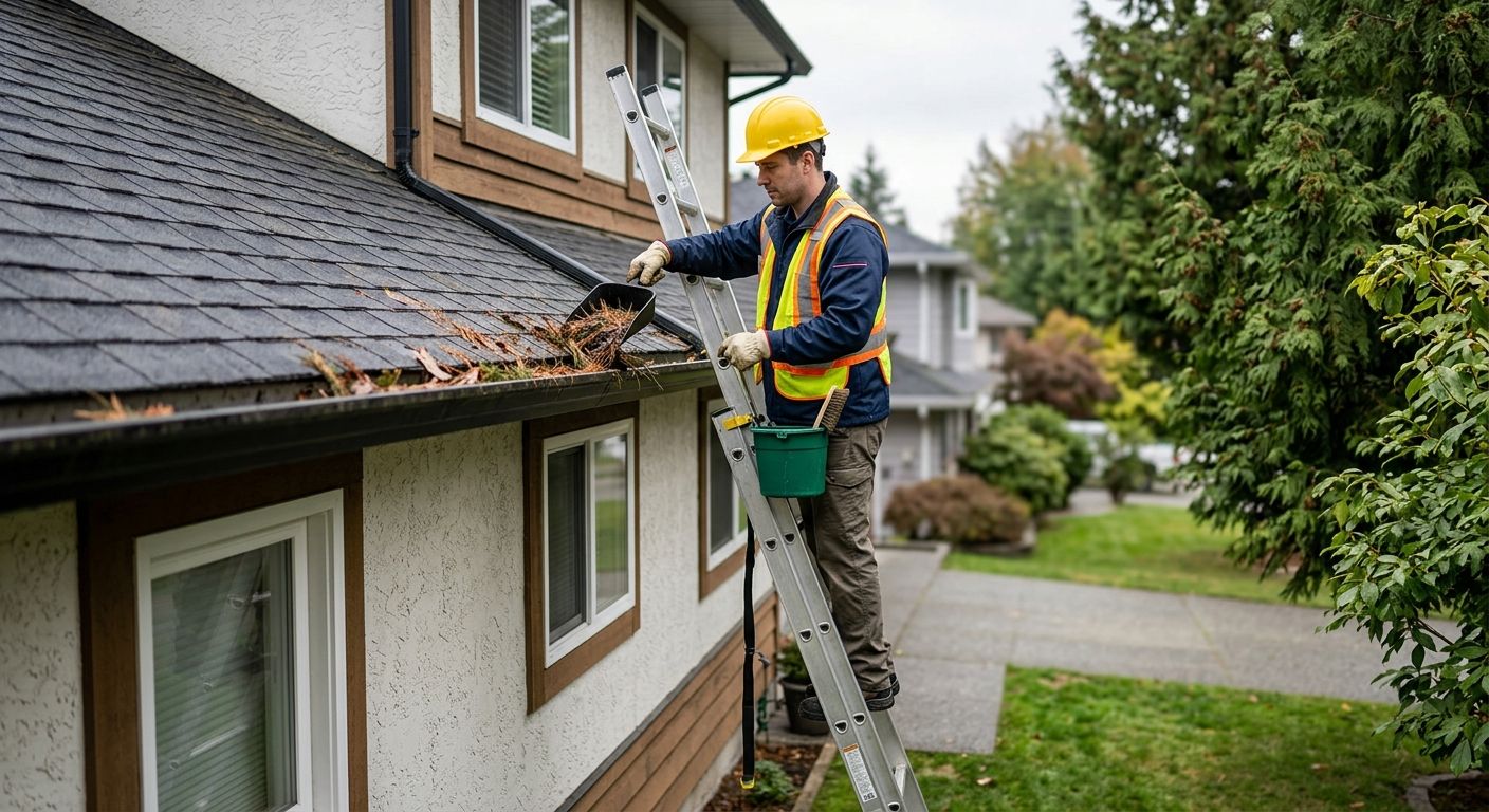 Professional gutter cleaning service with uniformed technician on ladder at Surrey residential property