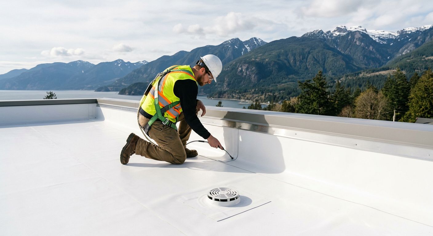 Professional photograph of a modern flat roof with white TPO membrane on a residential property in British Columbia, featuring proper drainage, parapet wall, and BC coastal mountains in the background, with a roofing professional inspecting the surface in bright natural light.
