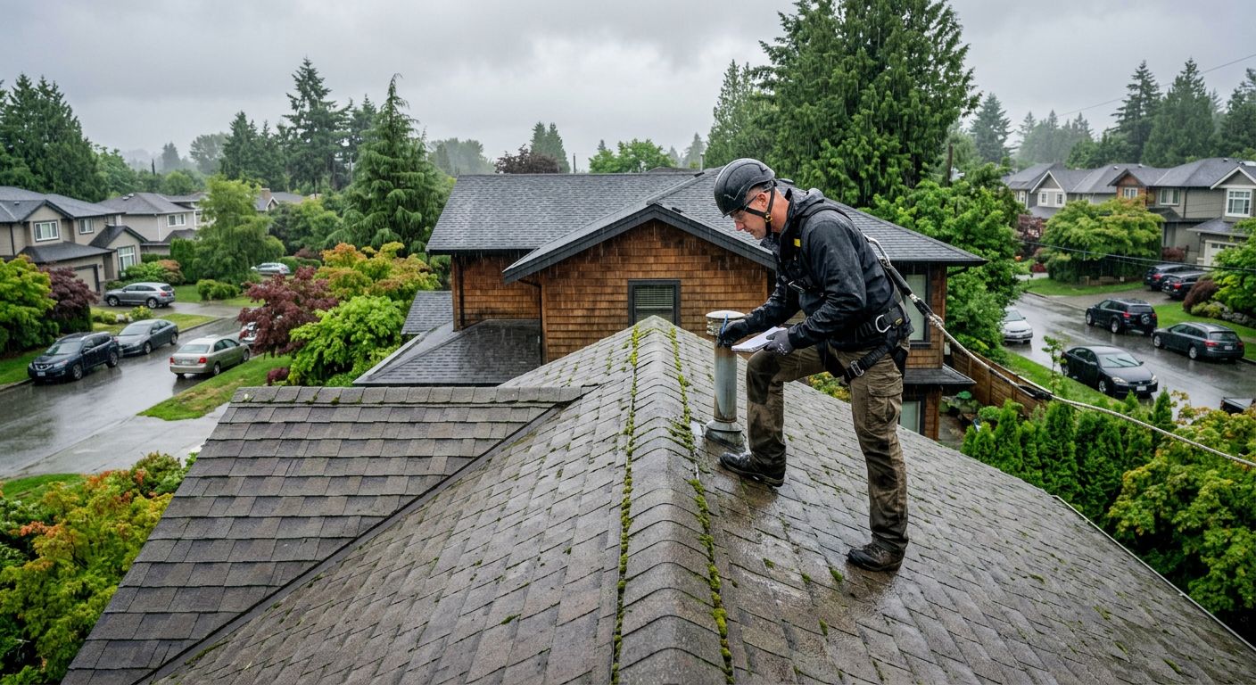 Licensed roofing contractor inspecting a residential roof in Vancouver on a rainy day, checking shingles for damage with moss visible, conveying expertise and local knowledge.
