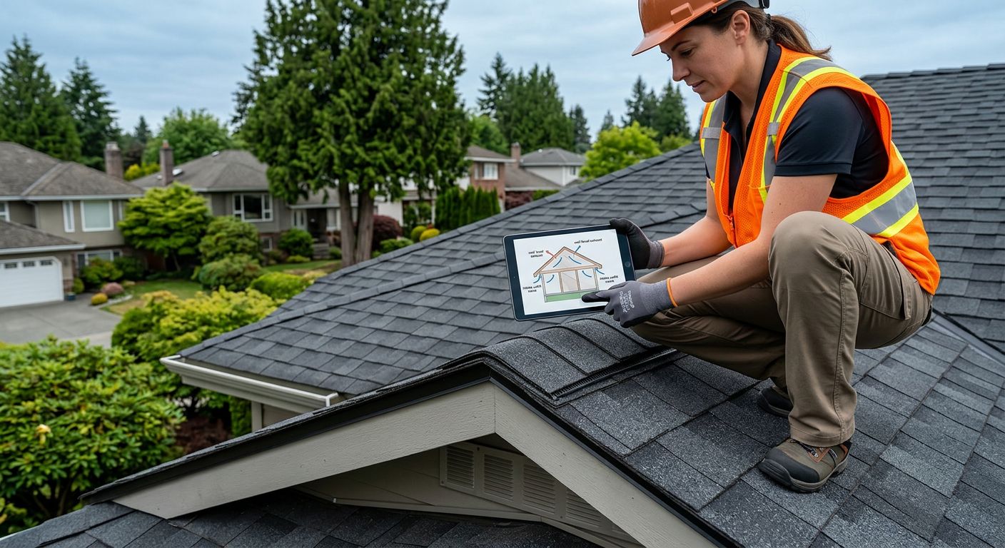 Licensed roofing technician inspecting ridge vents on an asphalt shingle roof in Vancouver, holding a tablet with a ventilation diagram, with a typical BC home and lush greenery in the background.