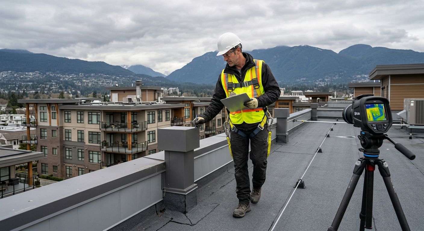 Roofing contractor in safety harness walking across a flat strata building roof in British Columbia, holding a clipboard and inspecting parapet wall with roof vents, thermal camera on tripod in foreground, overcast sky background.