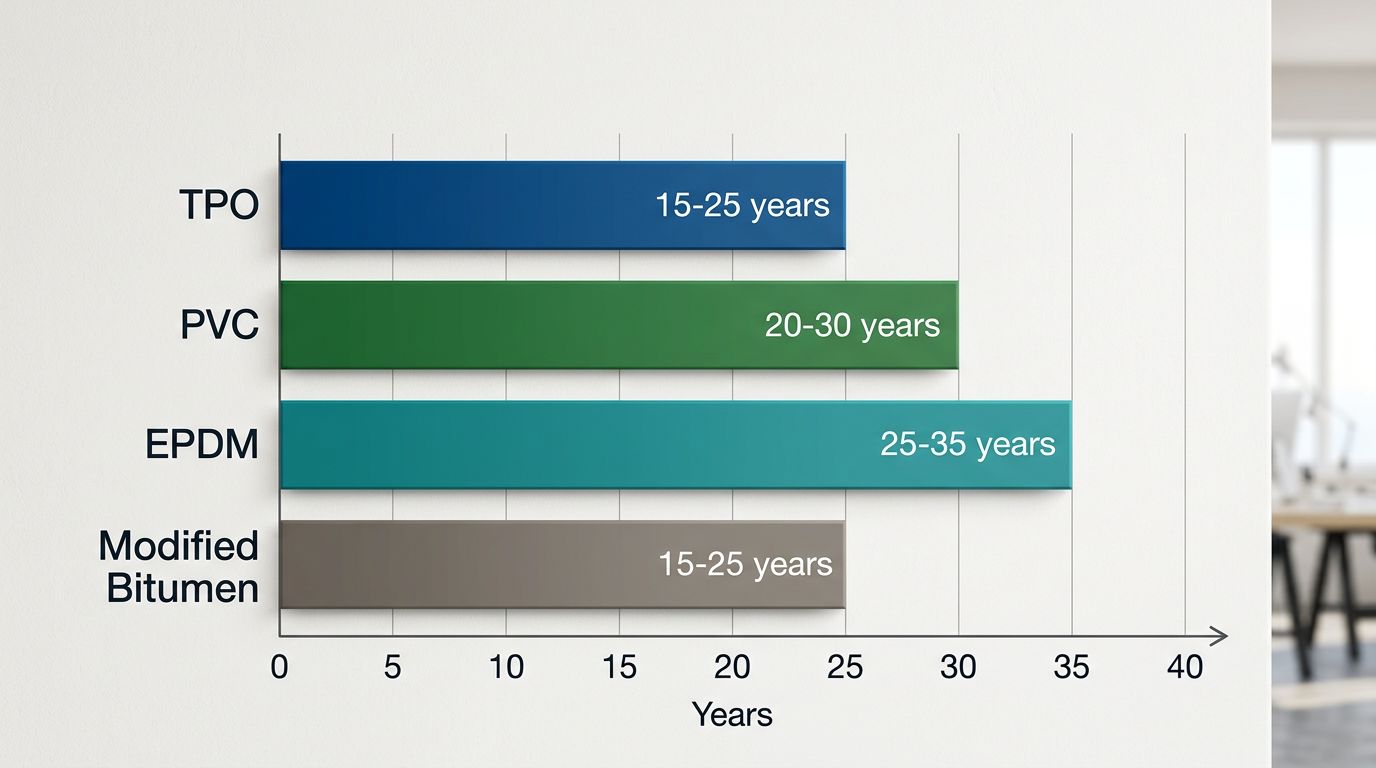 Horizontal bar chart comparing expected lifespan of TPO, PVC, EPDM, and modified bitumen flat roof membranes in British Columbia.