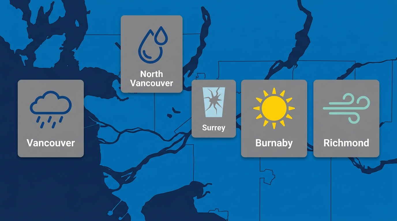 Infographic map showing five Lower Mainland British Columbia cities each paired with a distinct skylight issue icon including rain cloud for Vancouver, humidity droplet for North Vancouver, cracked glass for Surrey, sun for Burnaby, and gust for Richmond.