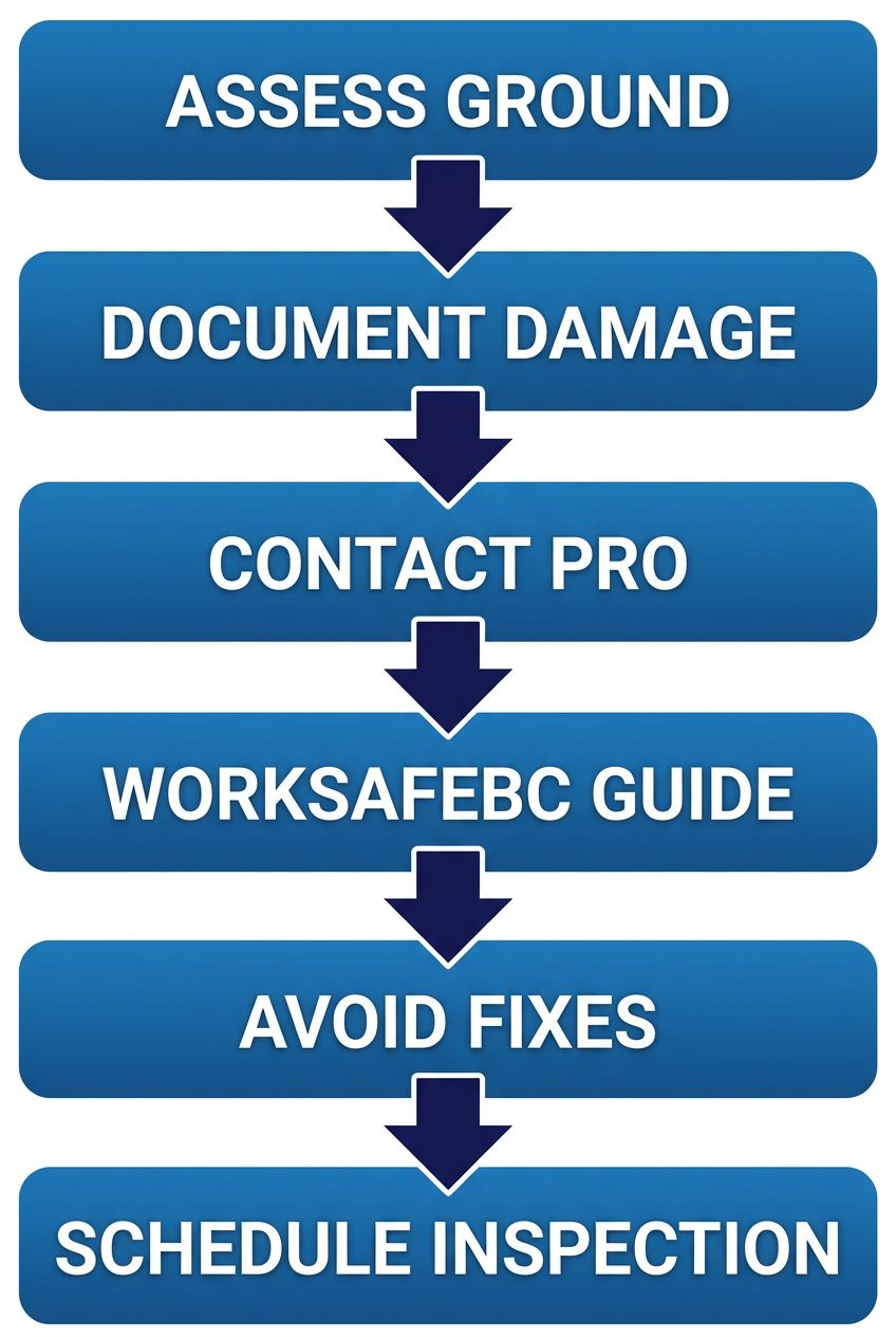 Vertical process flow diagram showing six steps for addressing roof damage: assess from ground, document damage, contact a professional, follow WorkSafeBC guidelines, avoid temporary fixes, and schedule an inspection.