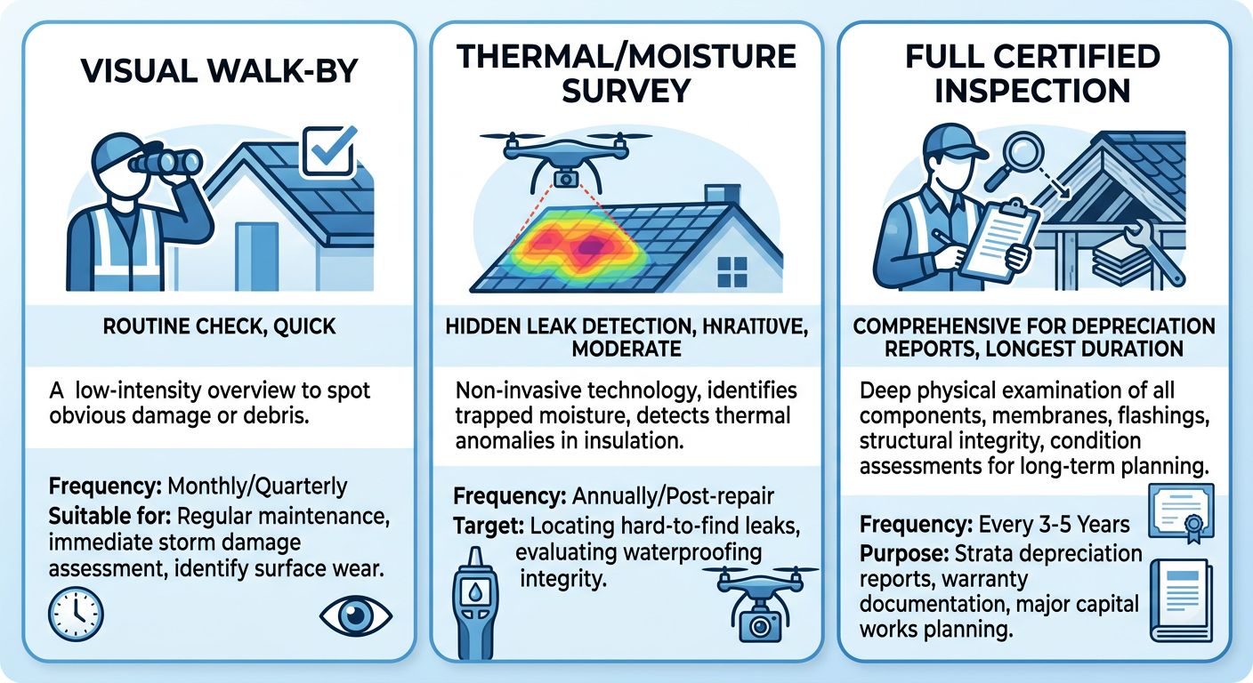 Infographic comparing three strata roof inspection types: Visual Walk-By, Thermal/Moisture Survey, and Full Certified Inspection, with icons and brief descriptions for each.