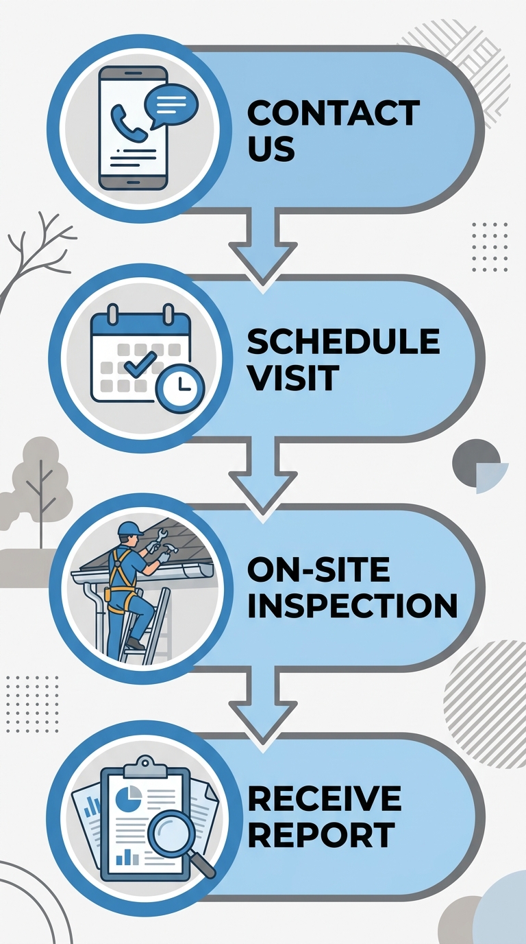 Vertical four-step process flow showing how Surrey homeowners can start a gutter inspection with Paragon Roofing BC: Contact Us, Schedule Visit, On-Site Inspection, and Receive Report, using blue and gray vector illustrations.