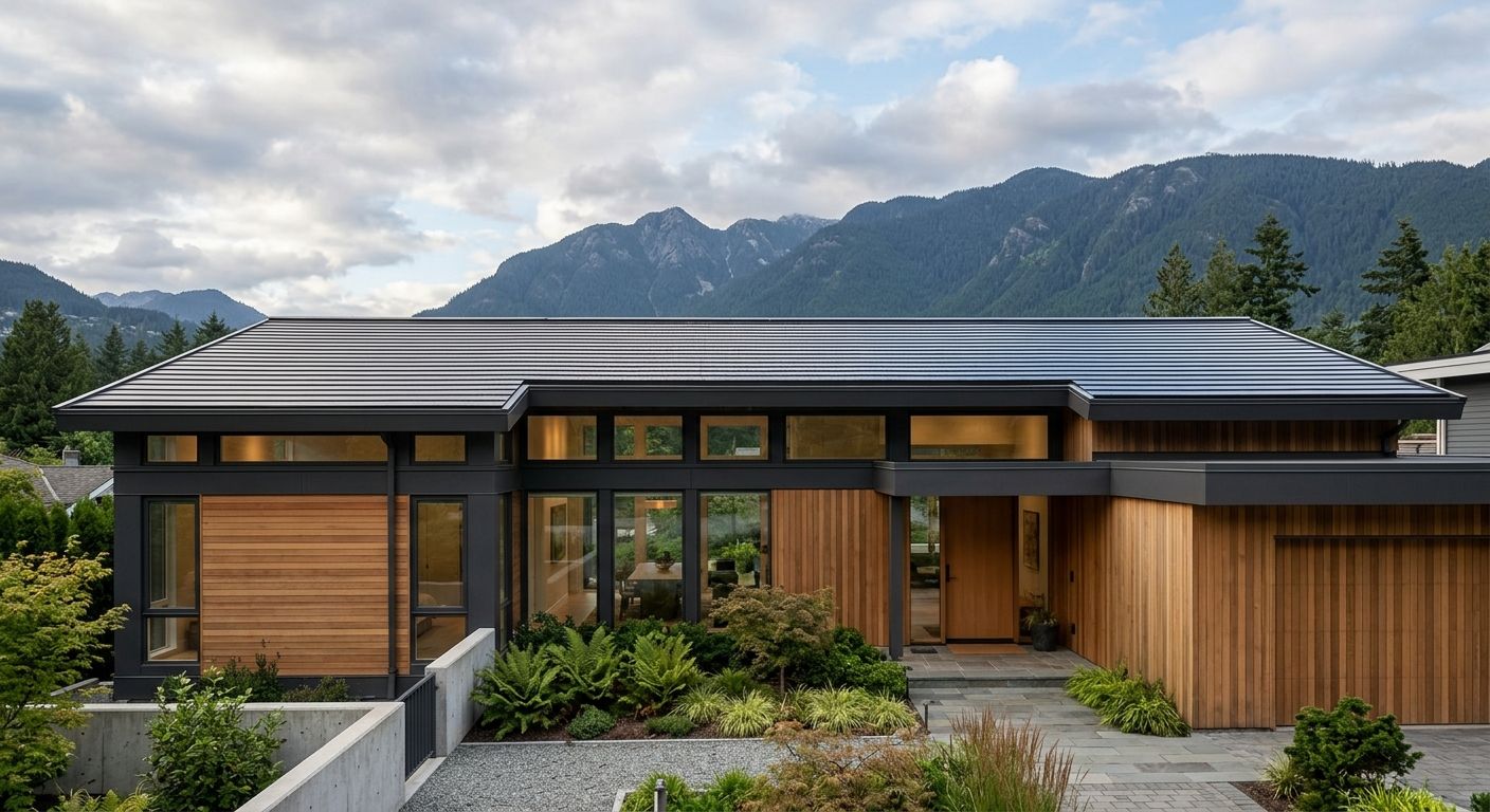 Modern Vancouver home with sleek solar integrated roofing under partly cloudy skies with North Shore mountains in background