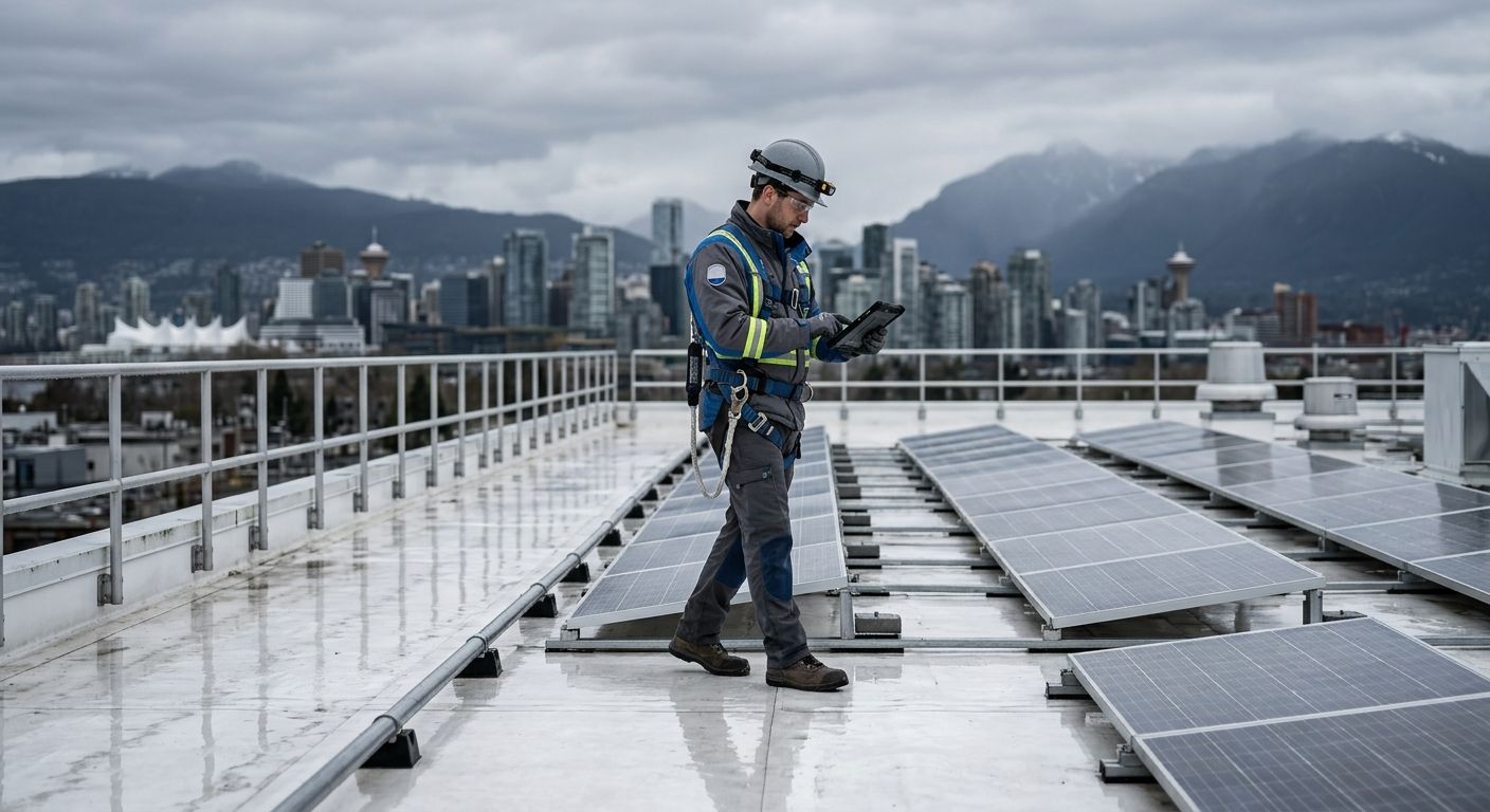 Modern commercial building in Vancouver with white TPO roof, solar panels, and technician inspecting under overcast skies
