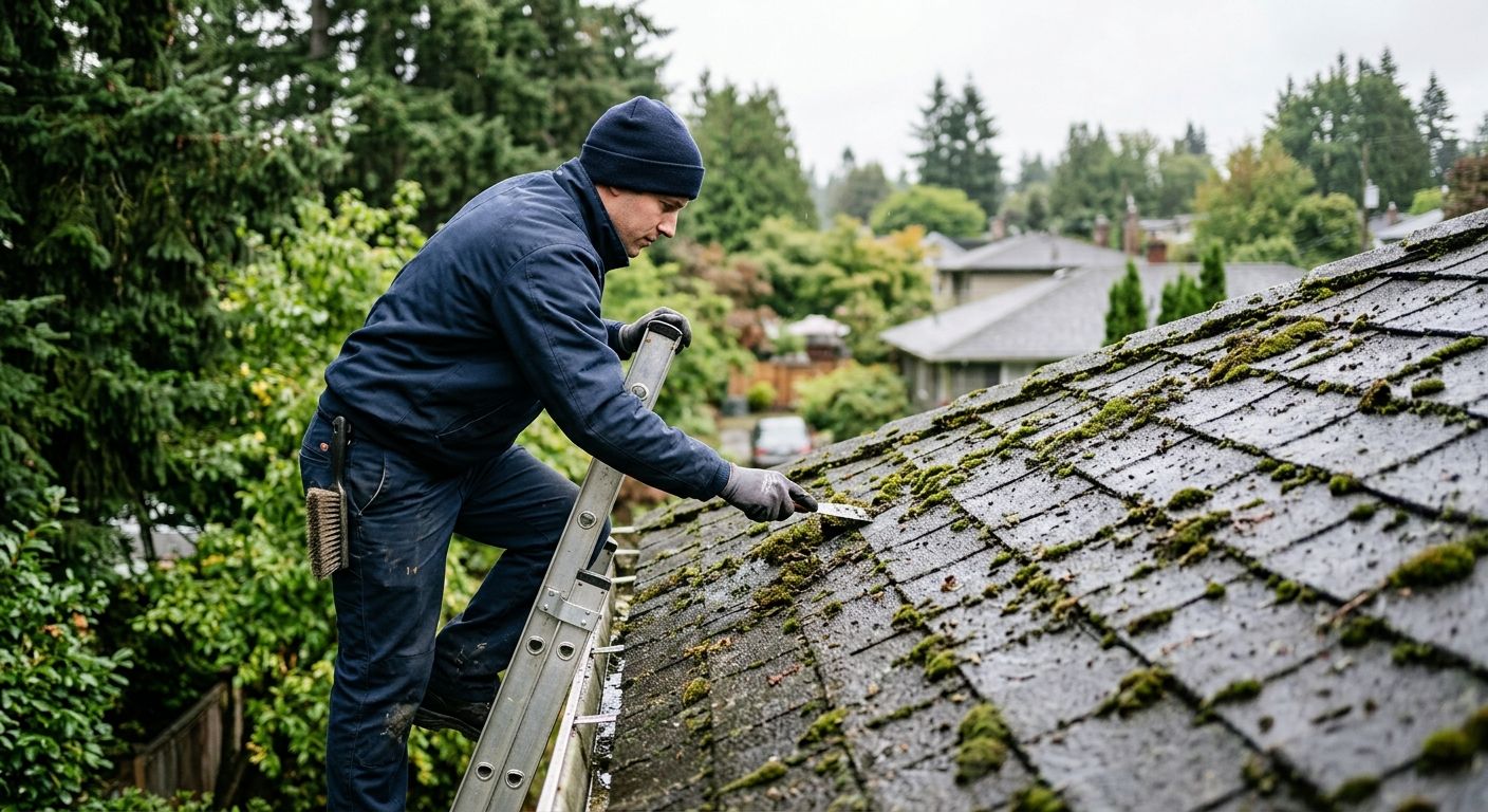 Paragon Roofing BC technician in navy blue uniform on a ladder, gently scraping moss from a damp asphalt shingle roof in Vancouver.