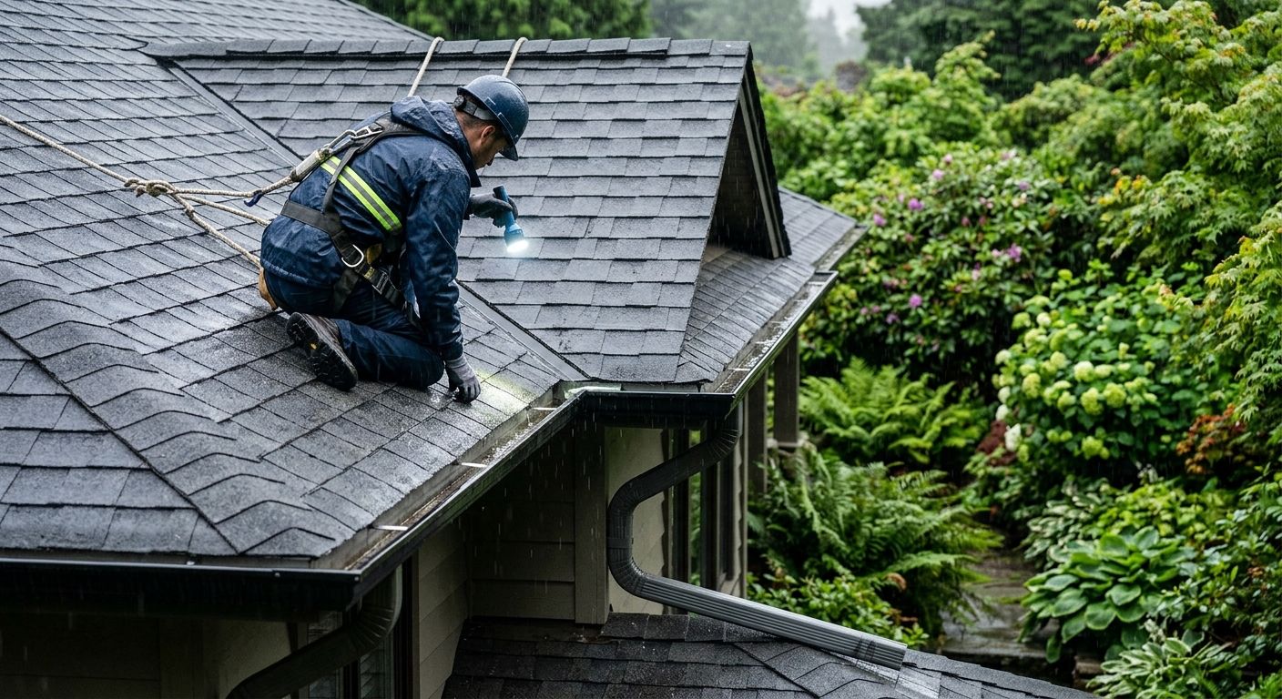 Professional photograph of a Vancouver residential roof in light rain with a roofing technician inspecting gutters and downspouts using a flashlight, surrounded by lush wet garden under overcast sky.