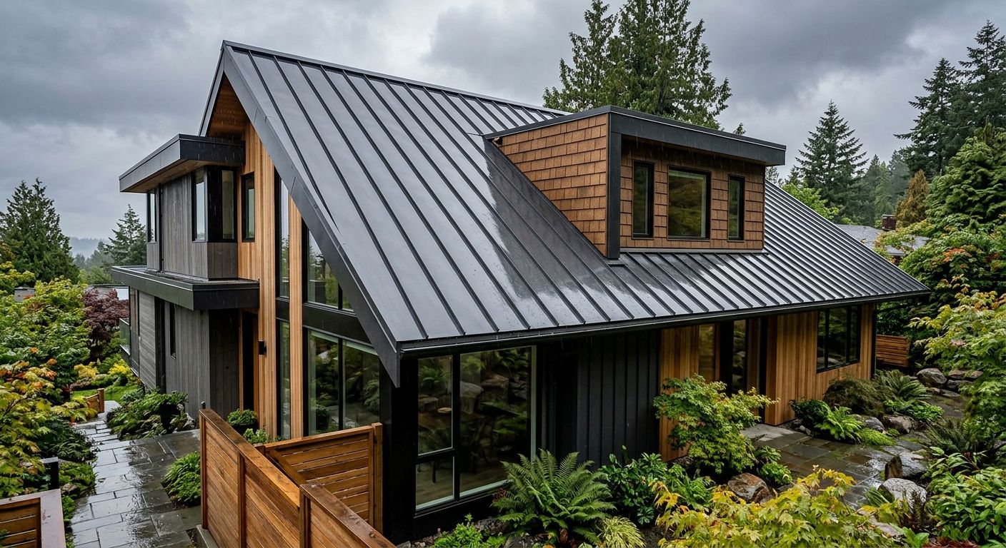 Contemporary Vancouver home with charcoal gray metal standing seam roof, stone-coated steel shingles, cloudy sky, reflecting 2025 metal roofing trends