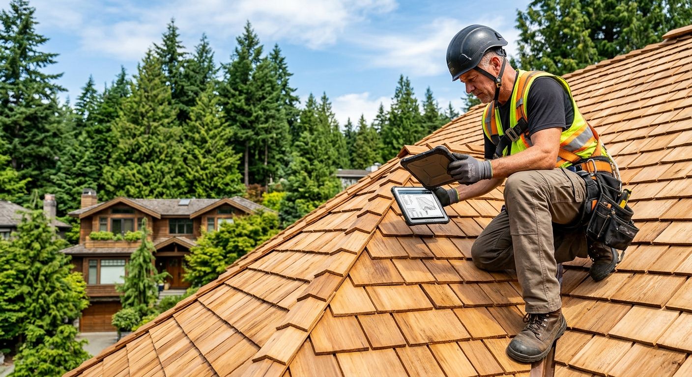 Professional photograph of a Vancouver home with a newly installed cedar shake roof, inspected by a roofer with a tablet, under a bright sky.