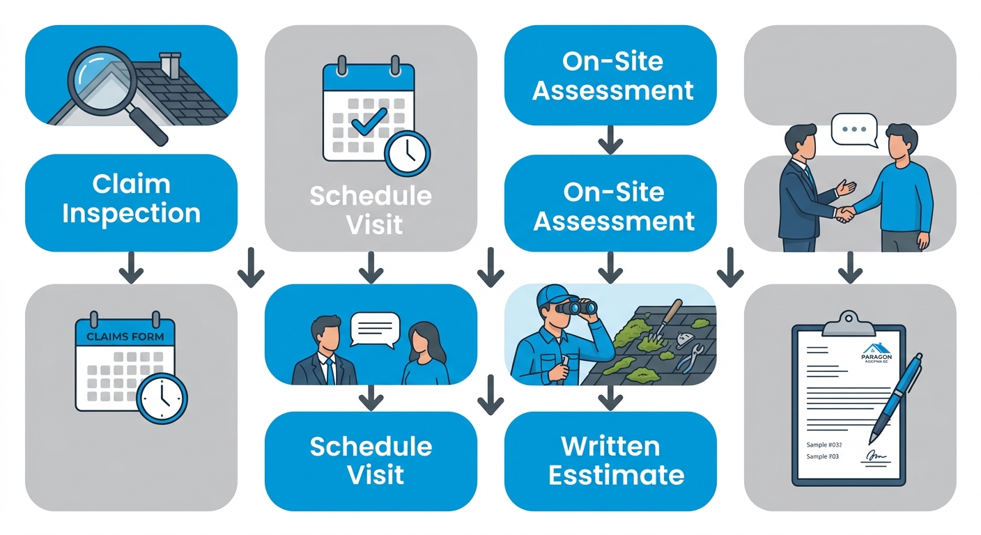 Four-step vertical process flow diagram for Paragon Roofing BC moss removal service, starting with a complimentary roof inspection, followed by scheduling, on-site assessment, and a written estimate.