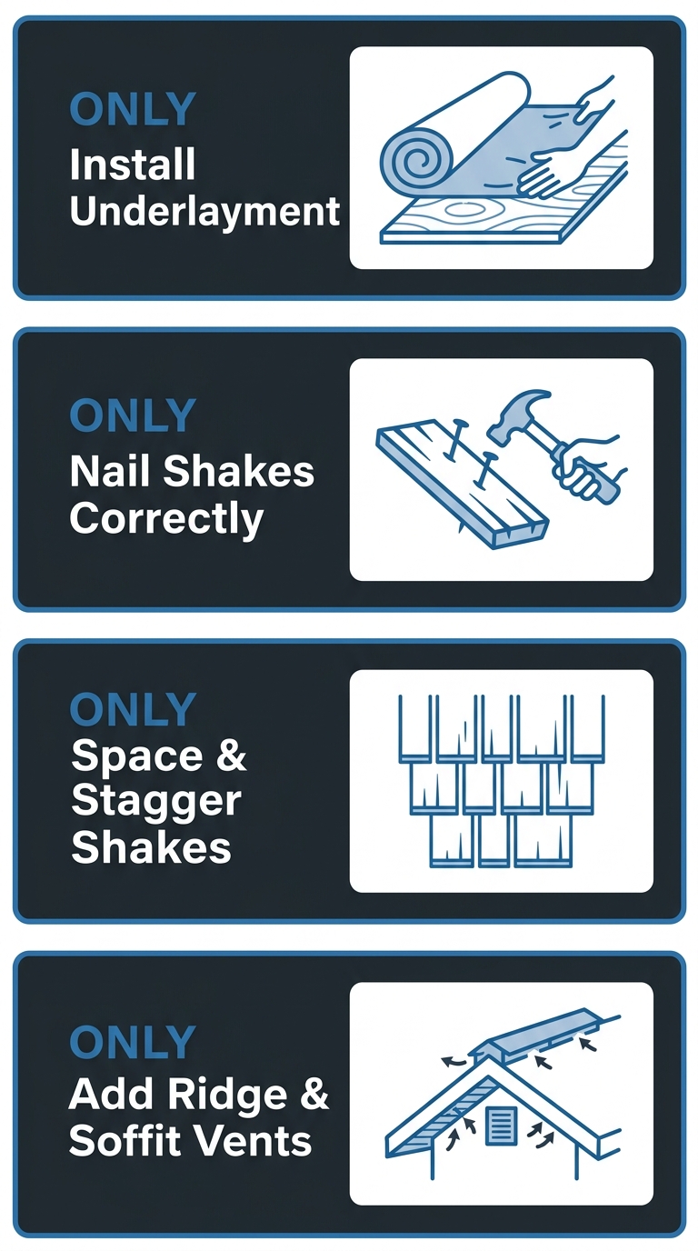 Vertical process flow diagram showing four installation steps for cedar shakes with icons and labels