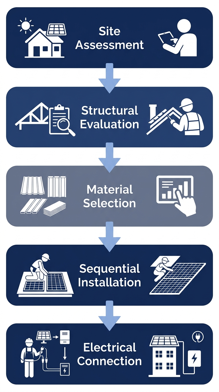 Vertical process flow diagram showing five phases of solar integrated roofing installation: site assessment, structural evaluation, material selection, sequential installation, and electrical connection.