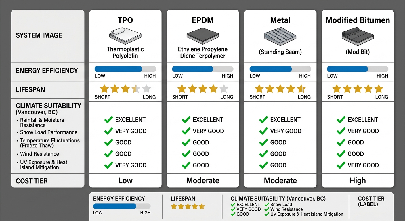 Comparison matrix of four commercial roofing systems for Vancouver climate showing TPO, EPDM, Metal, and Modified Bitumen