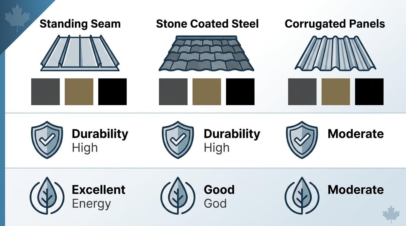 Horizontal infographic comparing three popular metal roofing styles for Lower Mainland homes, Standing Seam, Stone Coated Steel, and Corrugated Panels, with durability and energy efficiency indicators.