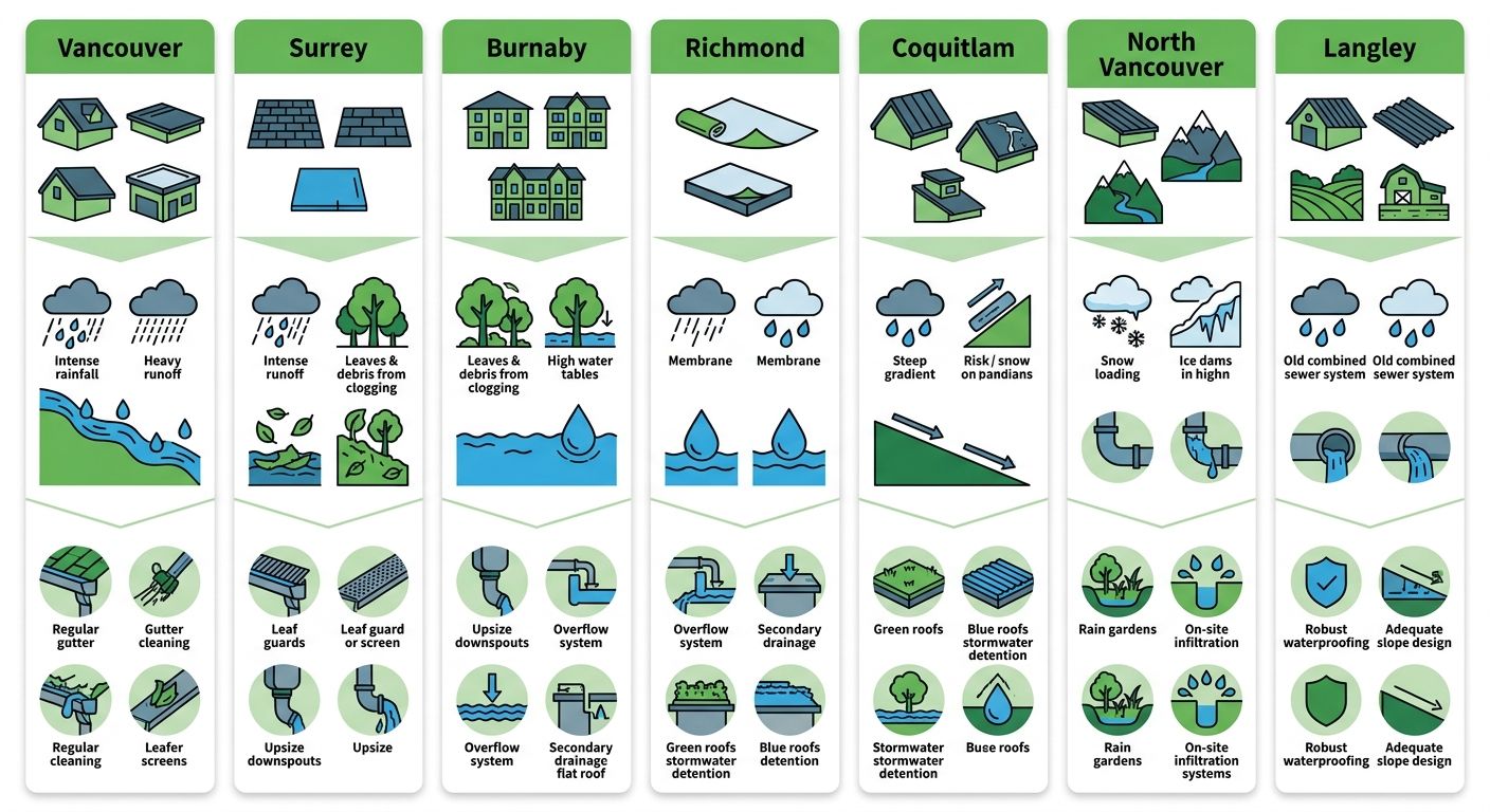 Infographic comparing roof drainage across seven Lower Mainland areas with icons for roofing materials, drainage challenges, and solutions in green and blue accents.