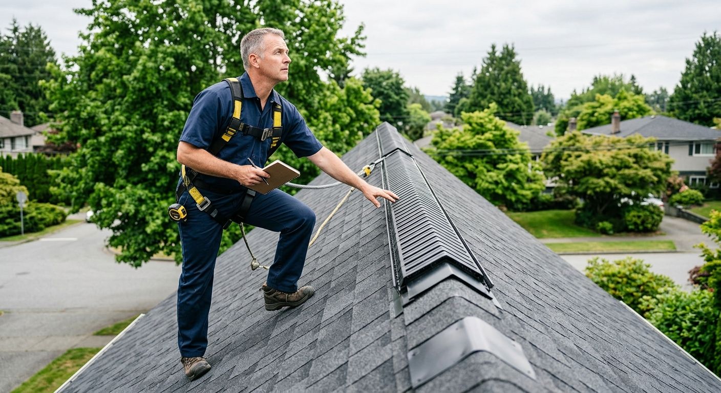 Experienced roofing technician inspecting ridge vent installation on a sloped asphalt shingle roof in a Vancouver suburban neighborhood.