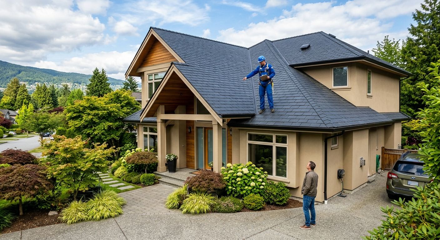 Professional photograph of a stylish Canadian home with a synthetic slate roof, a uniformed roofing contractor on the roof pointing out features to a homeowner on the driveway, lush green landscaping, and a bright partly cloudy sky.