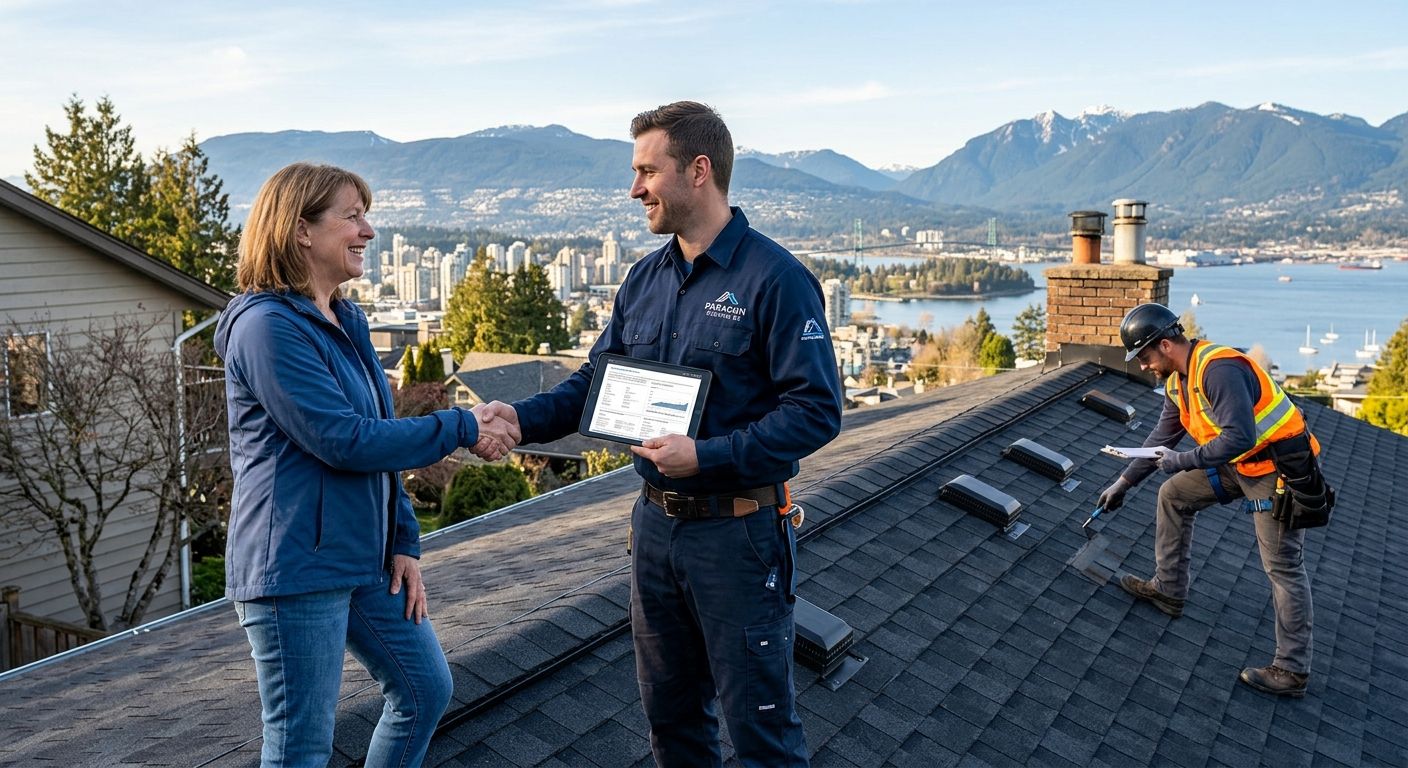 Homeowner shaking hands with a Paragon Roofing BC representative on a rooftop with a mountain view