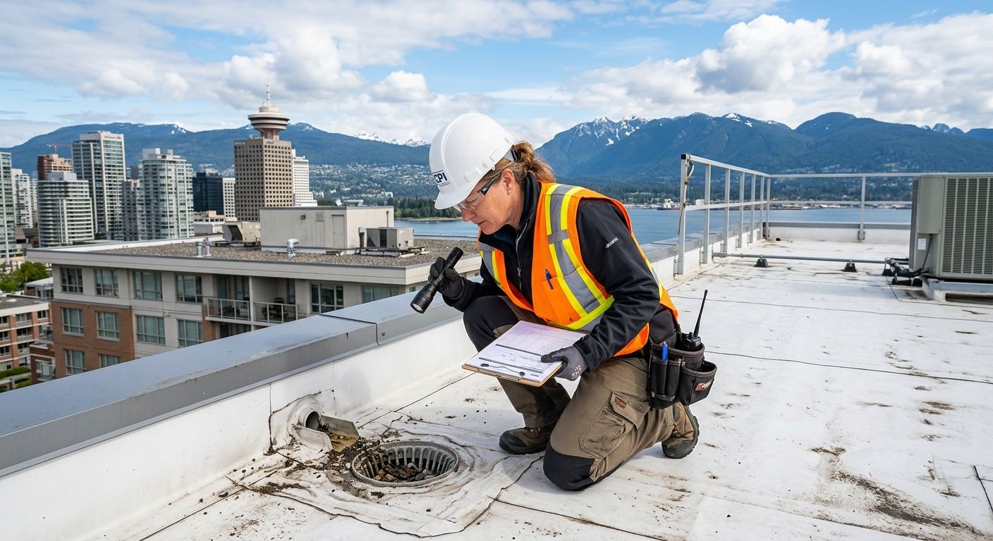 Roofing inspector examining a drainage outlet on a flat roof with Vancouver skyline and mountains in the background.