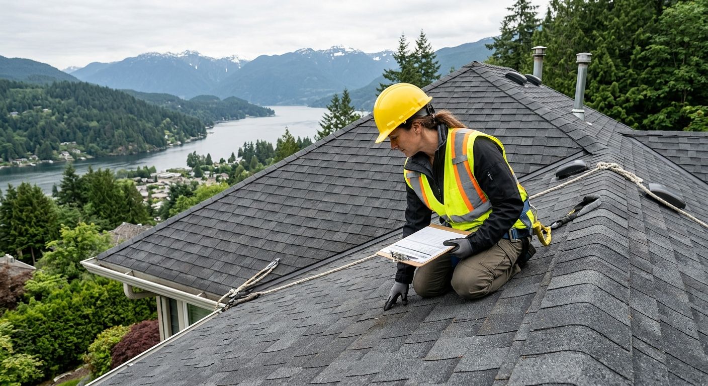 Professional photograph of a certified roofing inspector in high-visibility safety gear examining asphalt shingles on a steep hillside roof in Port Moody, British Columbia, with Burrard Inlet and the Coastal Mountains visible in the background