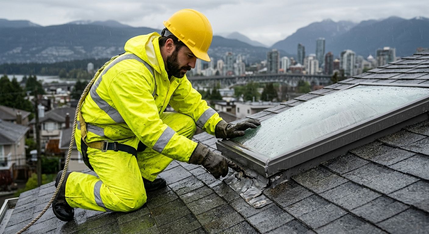Technicien de toiture agréé à Vancouver inspectant un puits de lumière sous la pluie, avec la ville en arrière-plan
