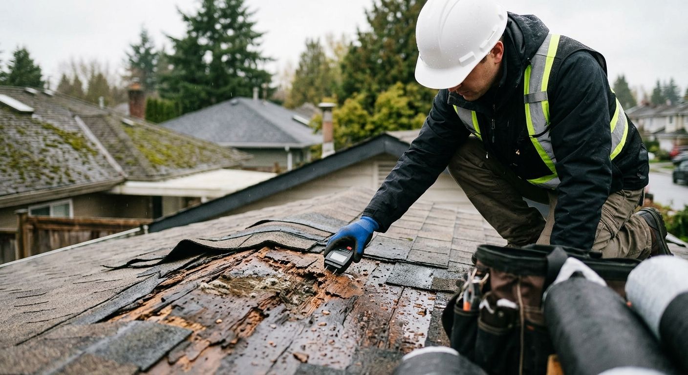 Paragon Roofing BC inspector examinando una cubierta de techo podrida en un techo residencial de Vancouver