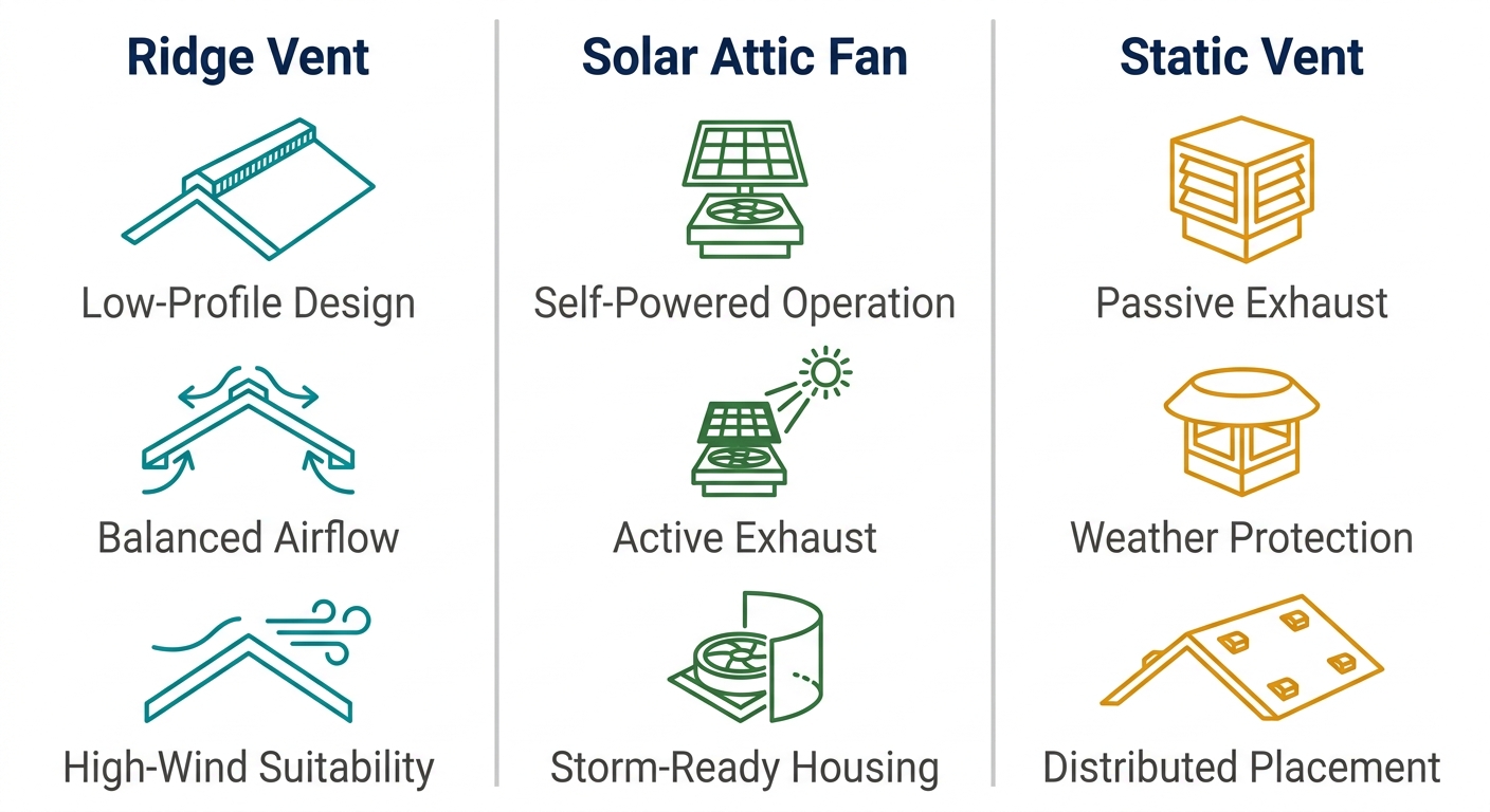 Three equal columns comparing ridge vent, solar attic fan, and static vent options: each column has a header and three simple line-art icons with labels for low-profile design, self-powered operation, passive exhaust, and related features.