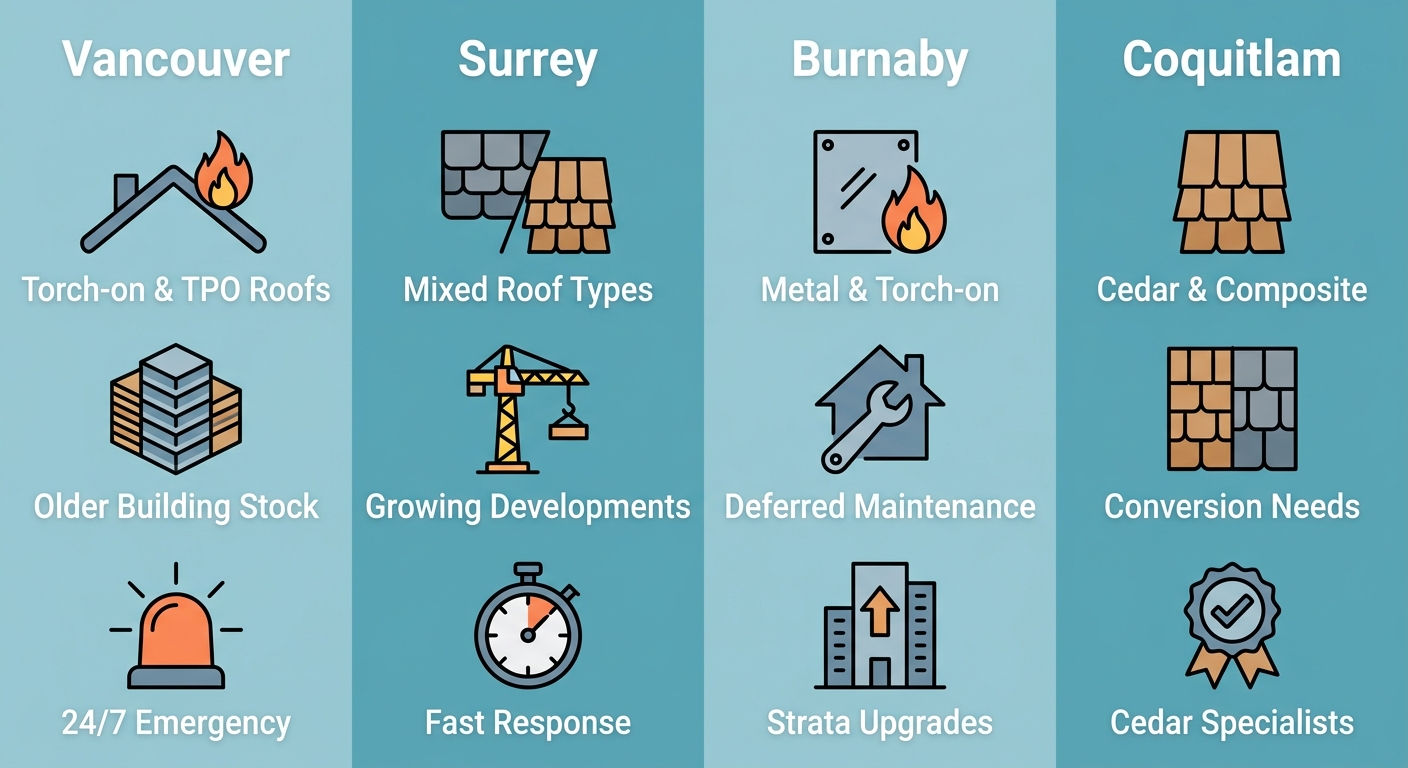Infographic comparing roofing factors across Vancouver, Surrey, Burnaby, and Coquitlam, each with three icon-labeled items.