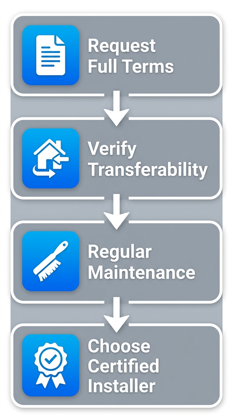 Vertical process flow diagram for roofing warranty steps: request terms, verify transferability, perform maintenance, and choose certified installer.