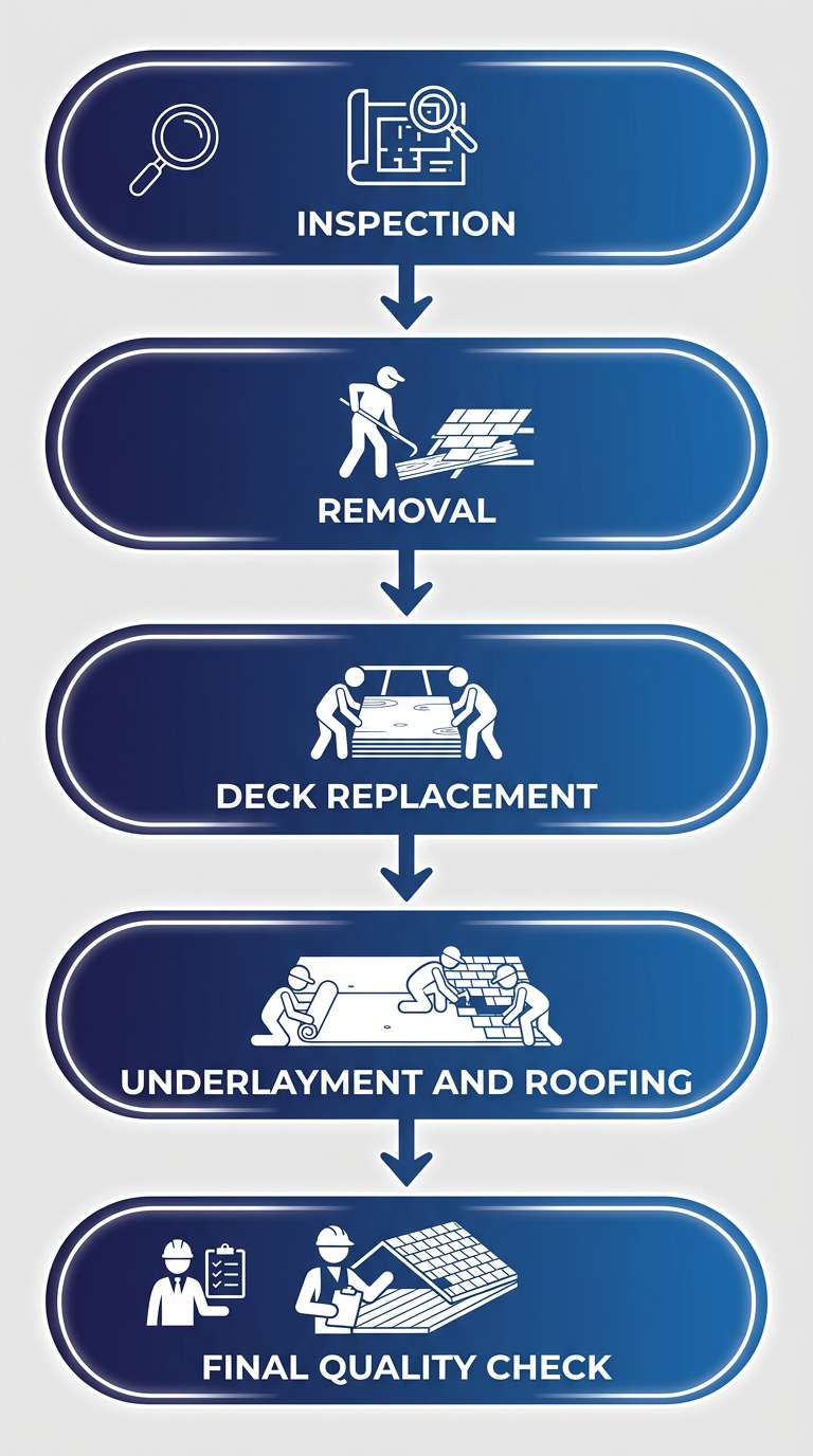 Vertical flowchart of roof deck repair: Inspection, Removal, Deck Replacement, Underlayment and Roofing, Final Quality Check with blue gradient boxes and arrows