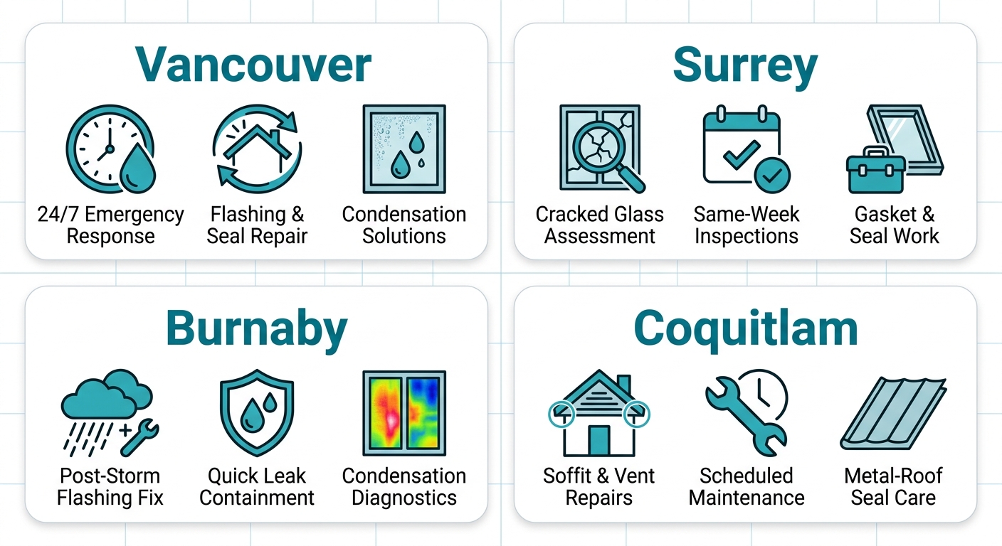 Infographic showing Paragon Roofing BC services in Vancouver, Surrey, Burnaby, and Coquitlam with icons for emergency response, inspections, and repairs