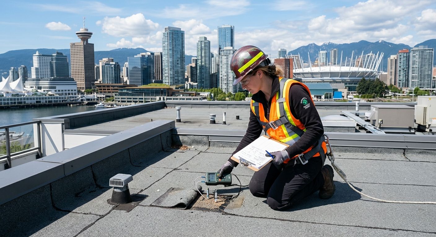 A certified roofing inspector in safety gear kneeling on a flat roof, examining a membrane sample with a moisture meter, with the Vancouver skyline in the background under sunny lighting.