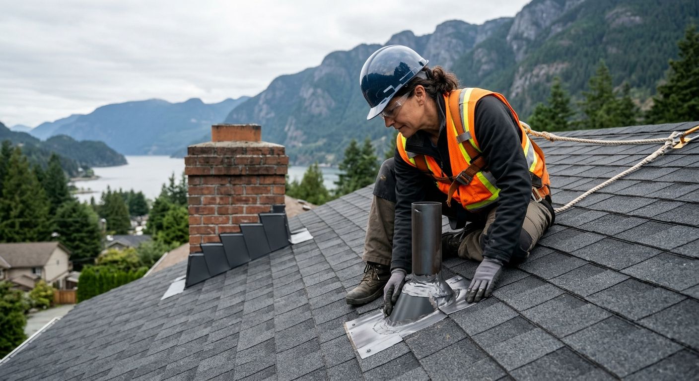 Roofing contractor in safety vest and hard hat inspecting newly installed asphalt shingles on a residential roof with chimney flashing and vent pipes, coastal mountains and overcast sky in background