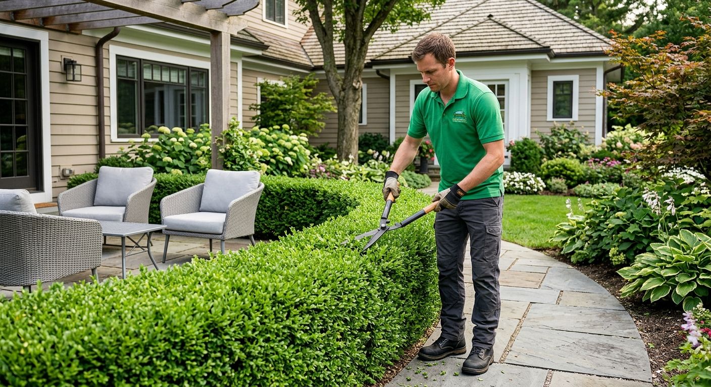 Professional gardener trimming a hedge in a tidy residential yard
