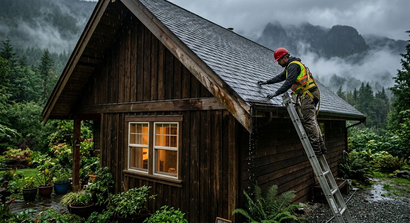 Professional photograph of a BC home with water stains on roofline and a roofer inspecting shingles after heavy rain