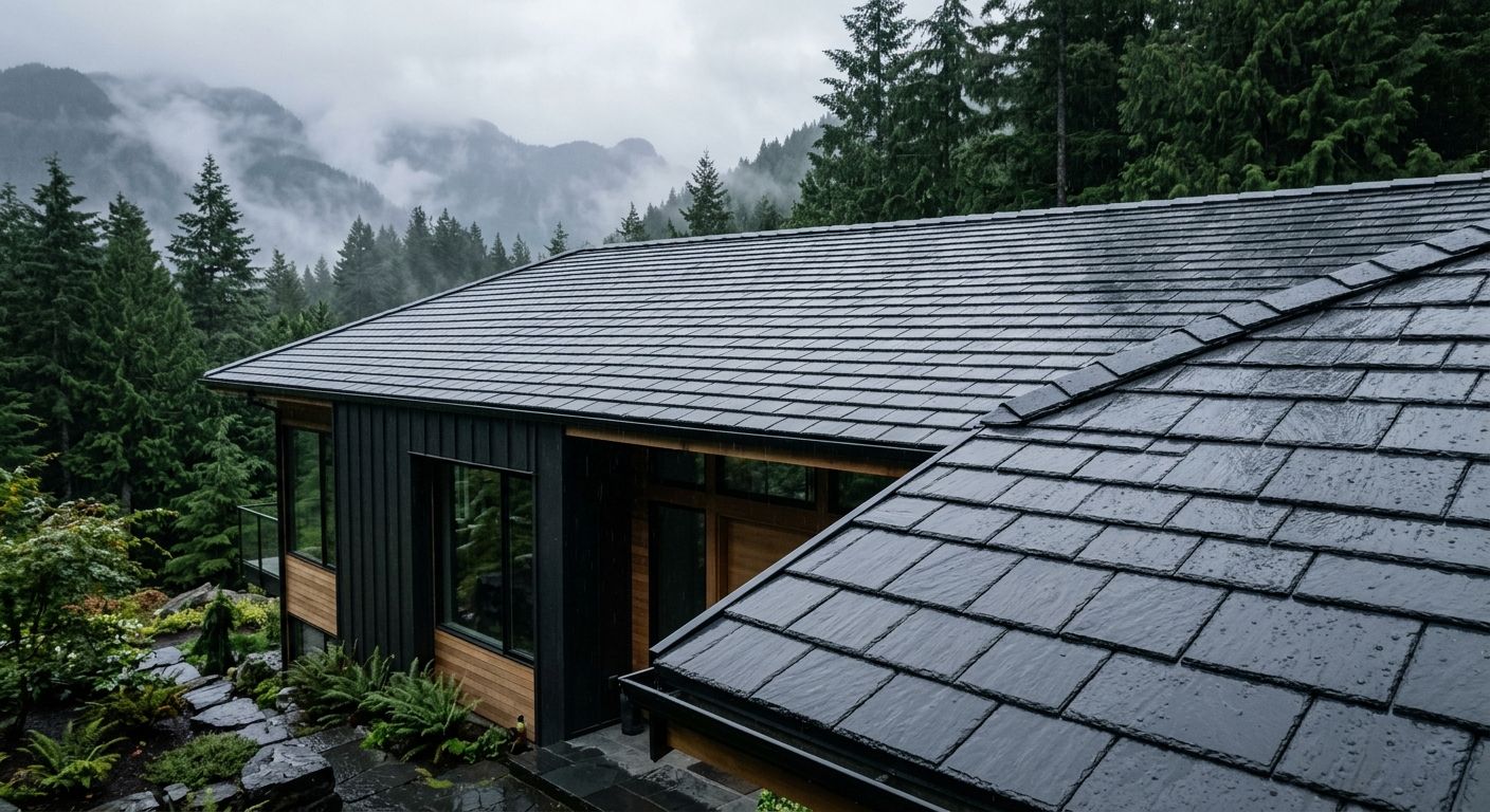 Professional exterior shot of a modern BC home with synthetic slate roof, surrounded by misty mountains and evergreen trees, showcasing durability and elegance.
