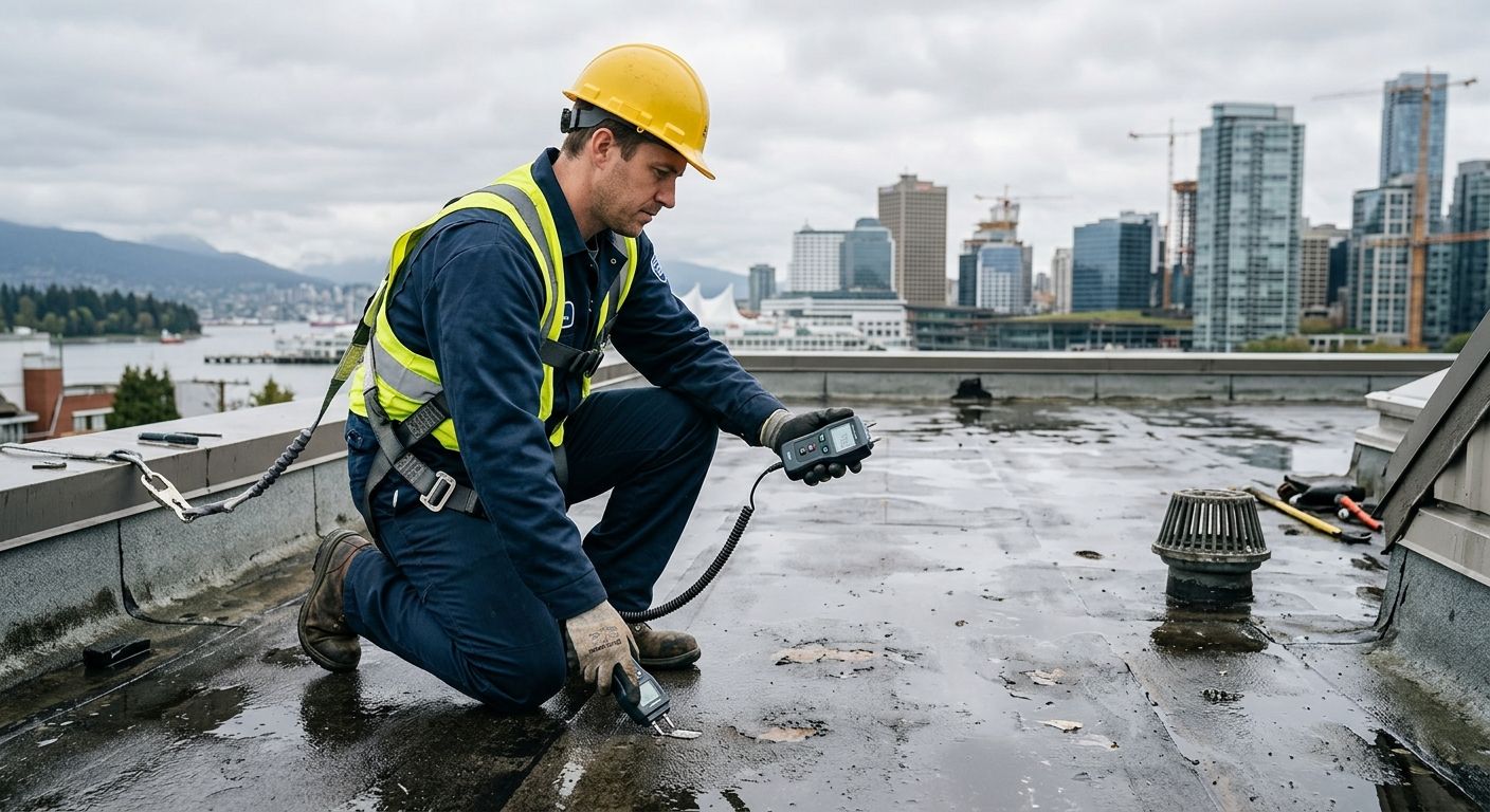 Roofing technician in safety gear and branded uniform inspecting flat roof on commercial building in British Columbia using moisture meter, overcast sky, city skyline background