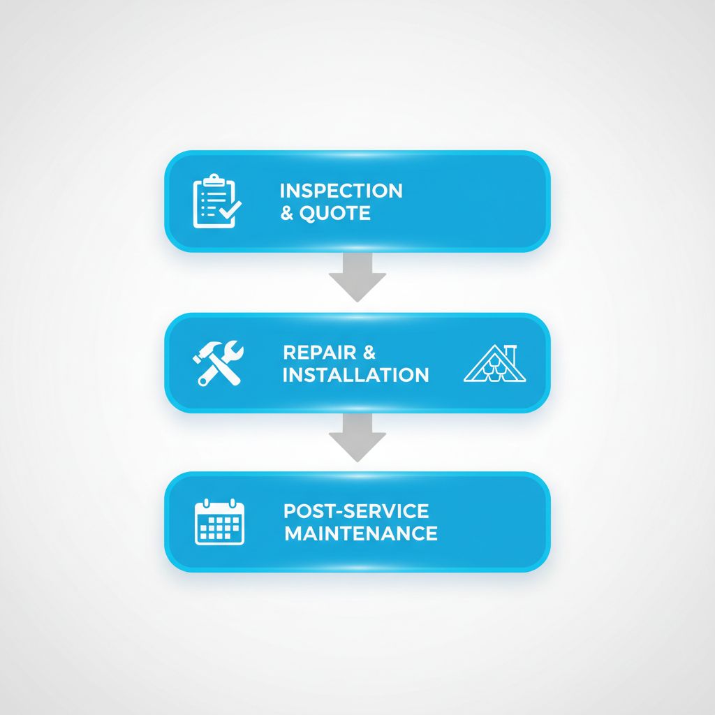 Vertical process flow diagram of three stages in professional roofing services: inspection and quote, repair and installation, post-service maintenance, with icons and arrows.